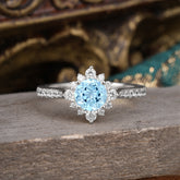 Round Cut Vintage Cluster Aquamarine Gemstone Ring Flower Engagement Ring